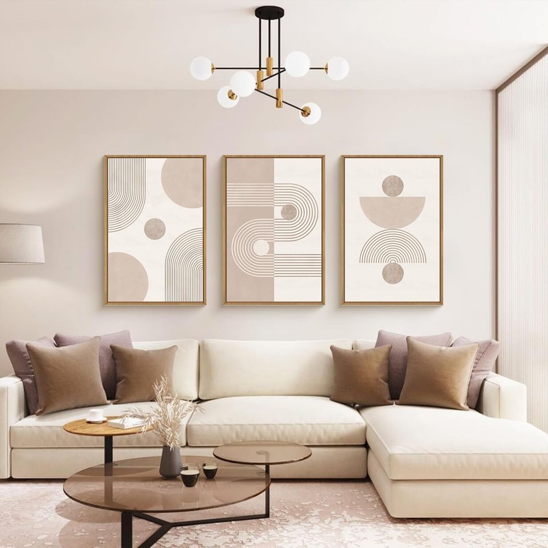 HPINUB Boho Abstract Framed Canvas Wall Art Set, Beige Mid Century Wall Decor... gallery