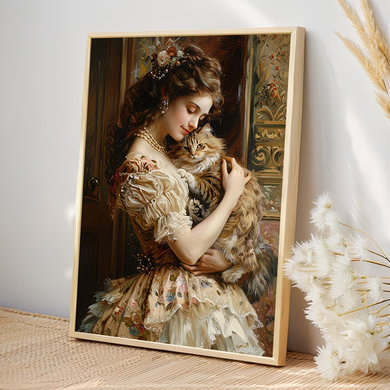 Shabby Chic Vintage Lady with Maine Coon Cat Portrait Poster Print Noframe