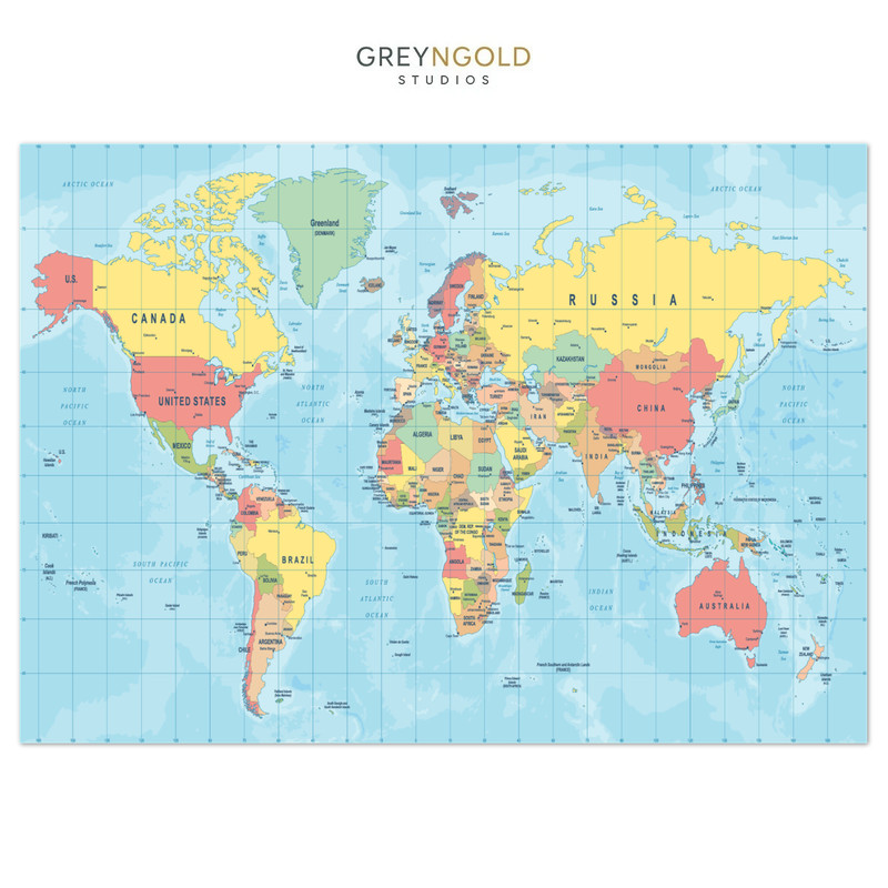 World Map Highly Detailed Poster Wall Art Print pick size A4/A3/A2/90x60cm