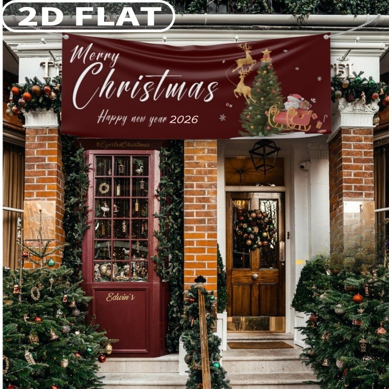 2D Flat, 1pc Large 2x6ft Happy Christmas & New Year 2026 Banner – Elegant Burgun