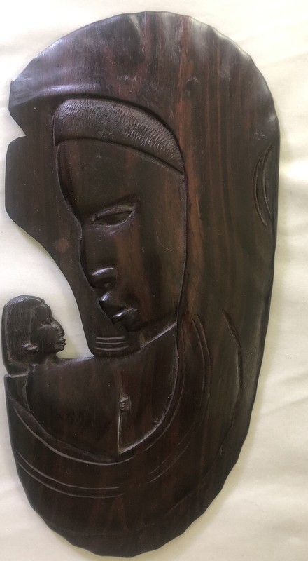 Mother & Child Carved Wooden Wall/Desk Art Handcrafted In Haiti -13” x 6”