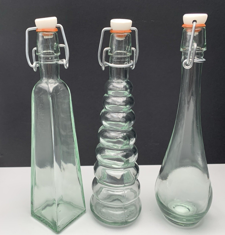 Lot of 3 Clear Glass Empty Decorative Bottles Assorted Shapes 8″ Green Tone