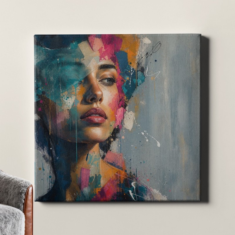 Colorful Woman Portrait Canvas Print Abstract Mixed Media Style