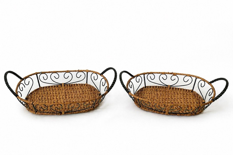 2 Set Wicker Rattan Baskets Oval Tray Rustic Farmhouse Decor Metal Scroll Handle