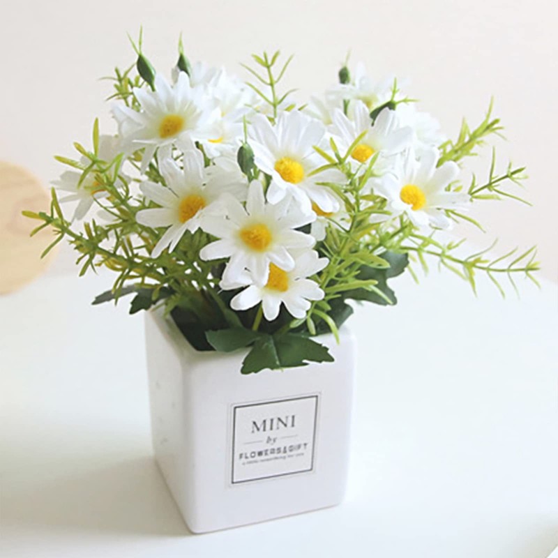 Artificial Flowers, Faux Flowers in Vase Small White Daisy Decor Mini Silky A…
