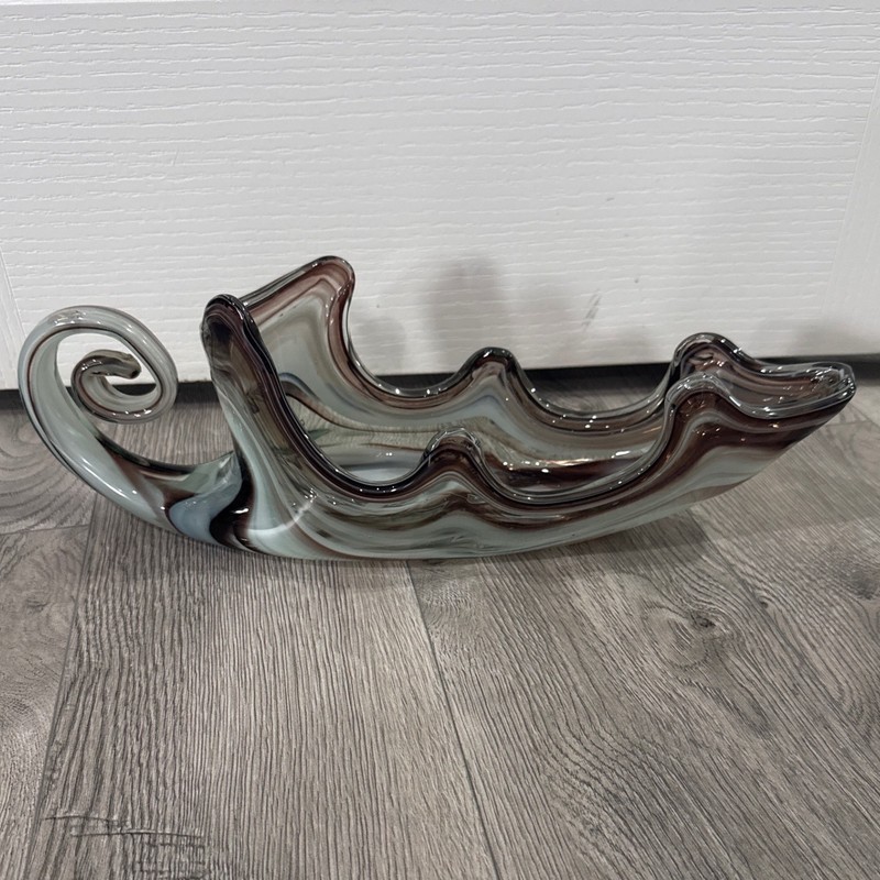 Vintage Hand Blown Art Glass Wine Bottle Holder / Bowl Brown and White
