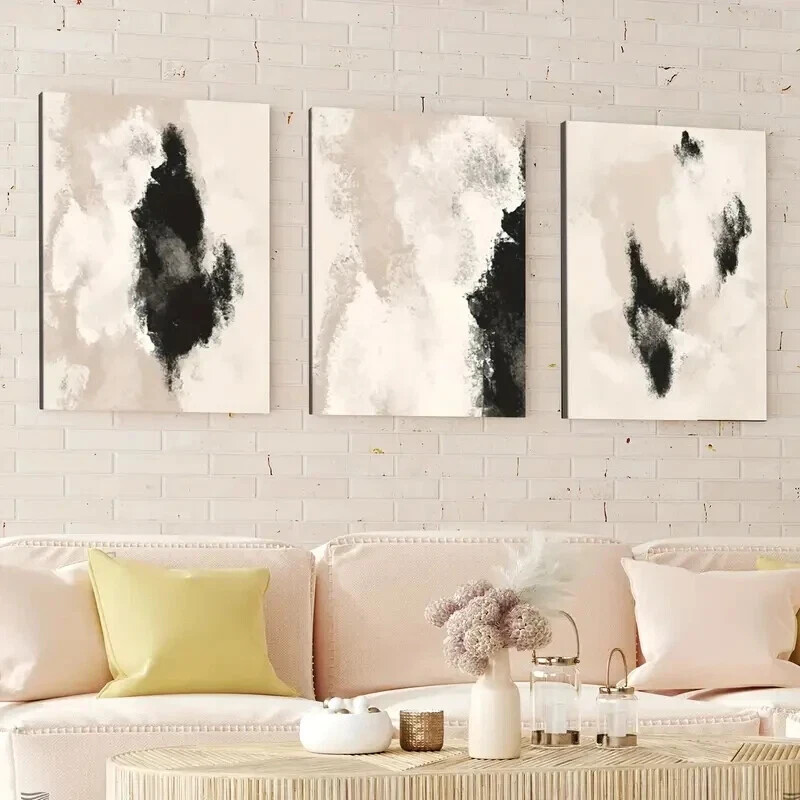 3pcs Abstract Black Neutral Beige Geometric Wall Art Canvas Framed 50x70cm