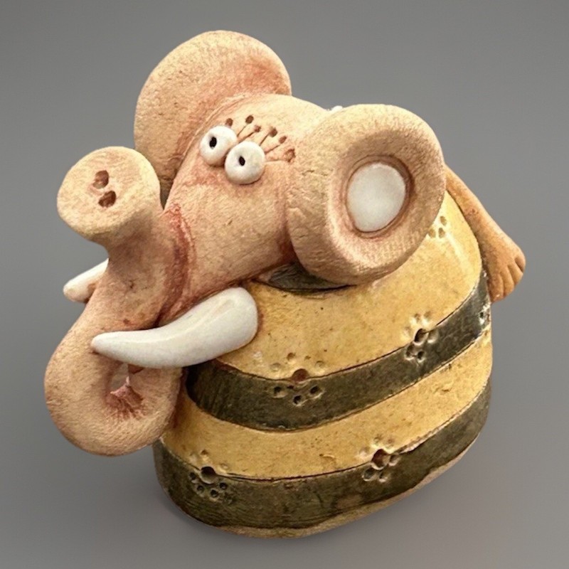 Whimsical Ceramic Elephant Figurine Bell Striped Tusks Up Eyes Artsy Handcrafted