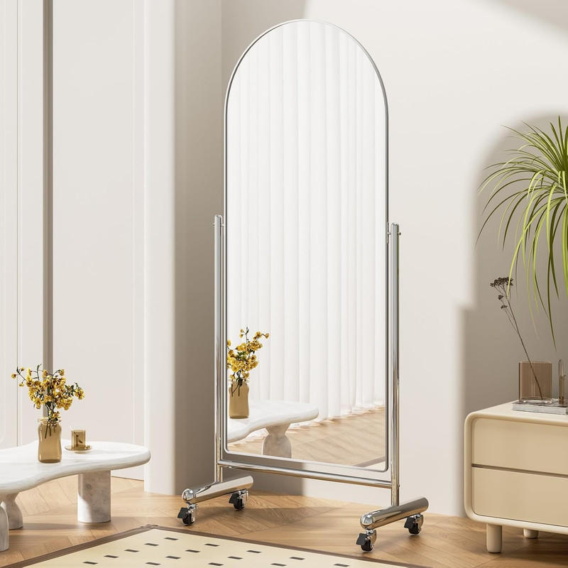 Large Arched Full Length Mirror on Wheels, Rolling Tilting Swivel Floor Mirror 6 gallery