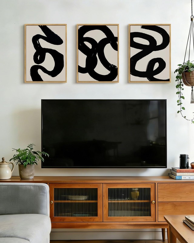Black Abstract Wall Art Ink Wash Minimalist Lines Framed Canvas Painting Artw... gallery