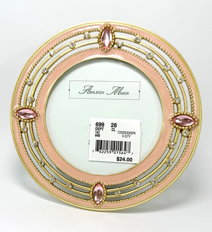 Ashleigh Manor Picture Frames Round Pink Enamel Rhinestones Gold Tone Metal VTG gallery