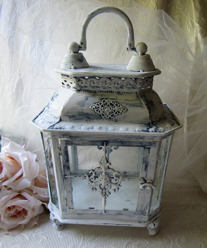 Candle Lantern,Whitewashed Decor,Blue & White,Primitive,Farmhouse,Cottage,Shabby