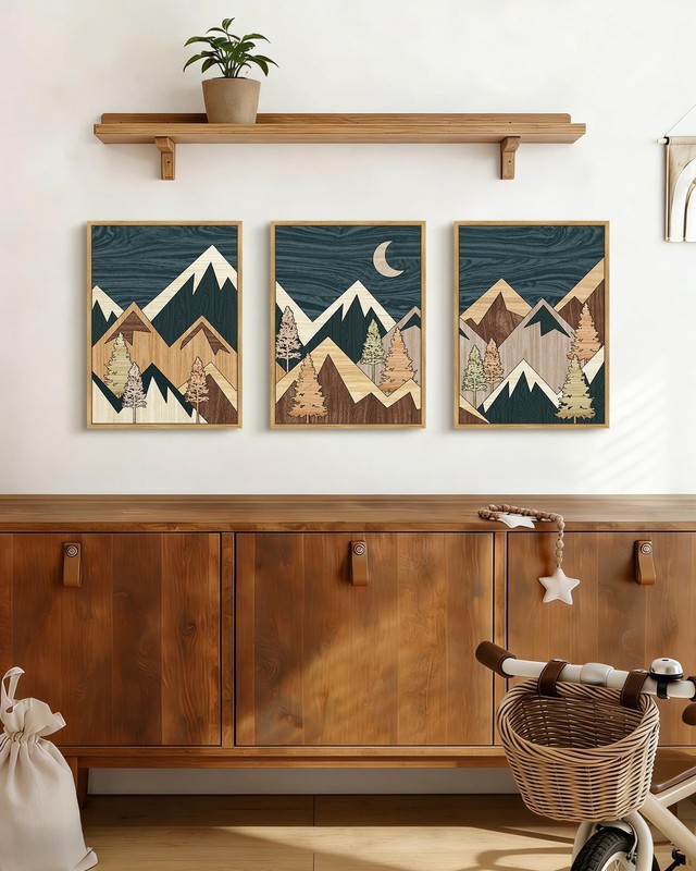 Blue Morden Mountains Framed Wall Art Boho Woodcut Pine Tree Forest Nature La... gallery