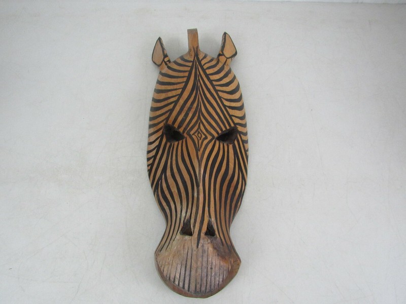 Carved Wood African Tribal Zebra Mask Wall Hanging Decor 15 1/2″-Made In Kenya