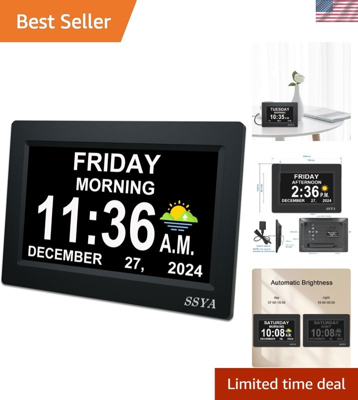 7-Inch Large Digital Calendar Clock – Ideal for Seniors with 12 Alarm Options