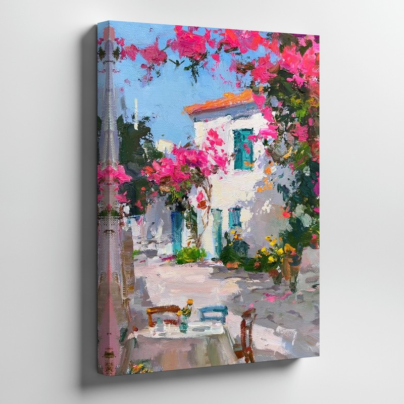 Mediterranean Village Garden Patio With Pink Flowers Canvas Wall Art Print Home