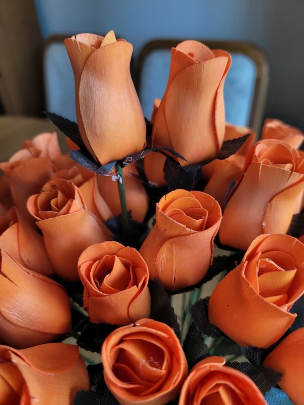 1 DOZEN - ORANGE WOODEN ROSE BUDS 5 X 8 ARTIFICIAL FLOWERS - FREE SHIPPING gallery