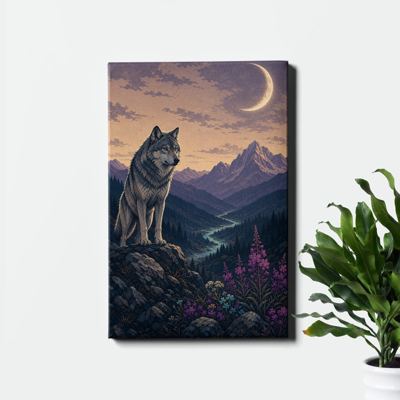 Vintage wolf with moon and mountain landscape Canvas Art nocturnal wilderness