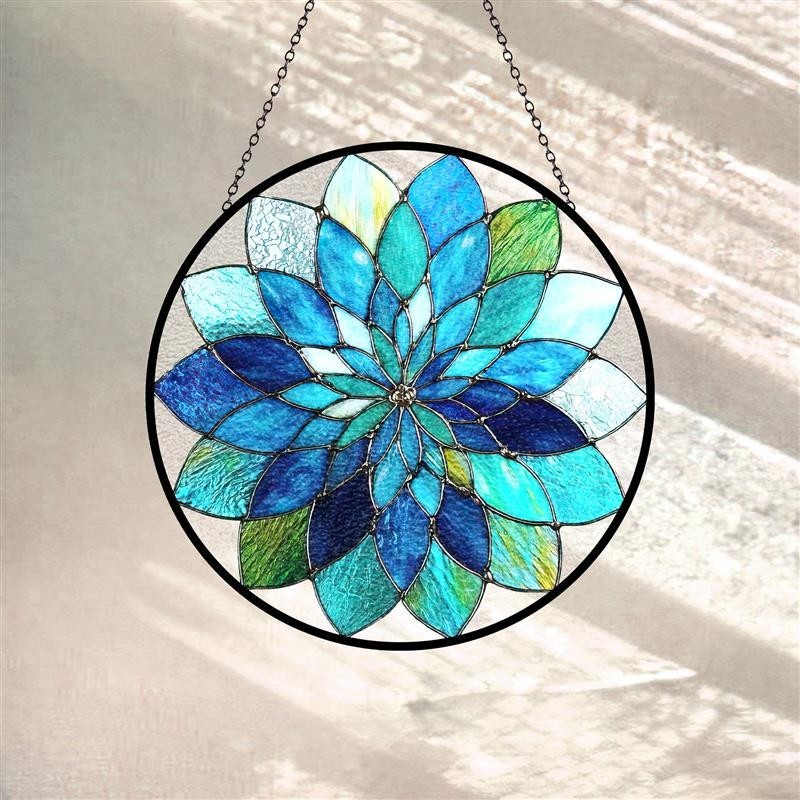 Blue & Green Mandala Leaves Glass Suncatcher, Blue Leaves Window Hanging Decor gallery