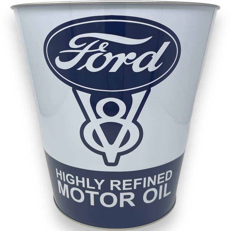 Ford V8 Tapered Metal Trash Bin Can Wastebasket Home Man Cave Decor