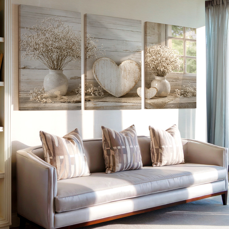 3 Pieces Rustic Heart Flowers Large Wall Art Set for Living Room Set Of 3