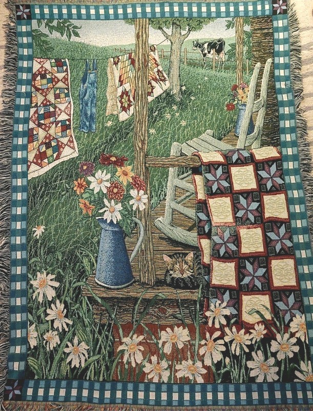 Vintage Farmhouse Tapestry Throw Blanket 60×80 Cat Quilt Cow Country Porch CLEAN