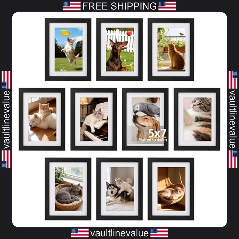 5×7 Picture Frame Set Black 10 Pack 4×6 Mat or 5×7 Display Wall Tabletop
