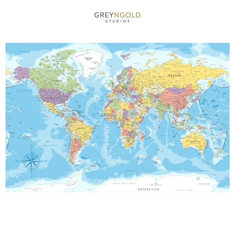World Map Highly Detailed Poster Wall Art Print pick size A4/A3/A2/90x60cm