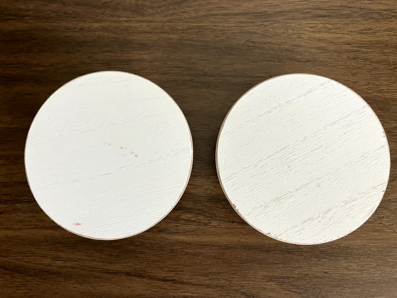 NOS "HOBBY LOBBY" PAIR OF 2 TIERED TRAY WOOD ENDCAPS, 4 INCH IN DIAMETER gallery