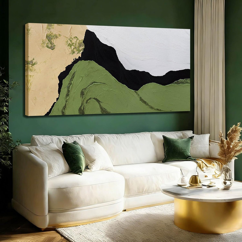 Large Framed Abstract Canvas Art – Neutral Green & White Wall Decor 29×58 Inch
