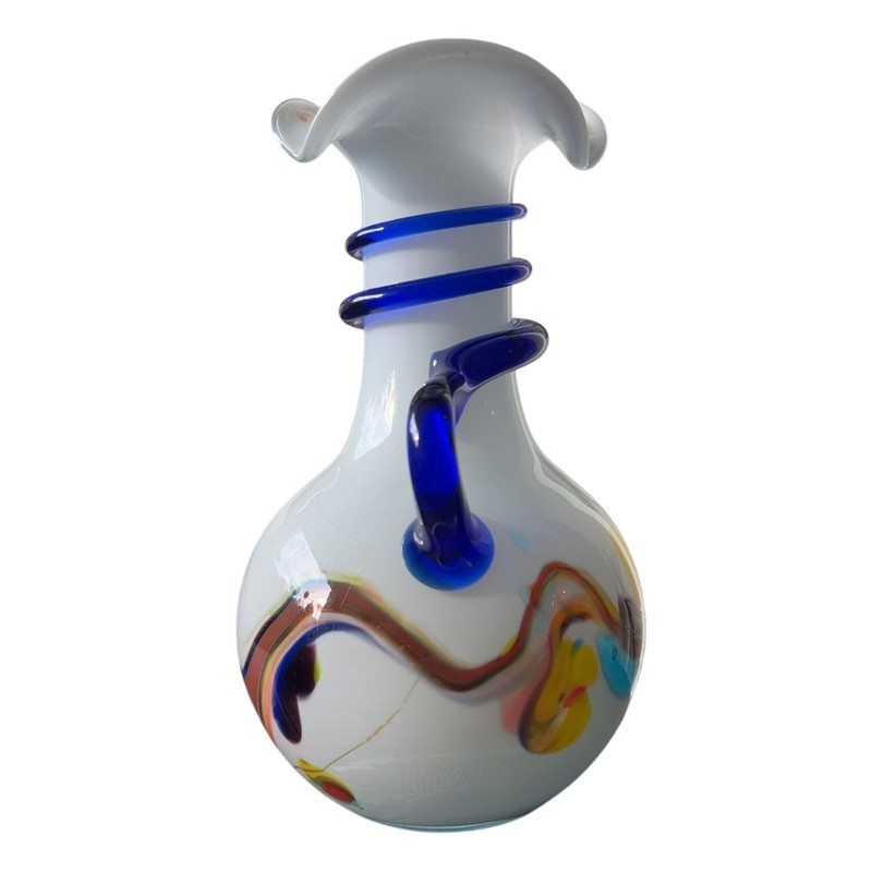 MCM Murano Art Glass Ruffled Top Vase w applied cobalt blue roping and handle gallery