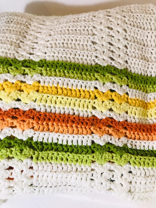Hand Knitted Afghan Blanket Throw Fringed Orange Yellow Green White 85×53”