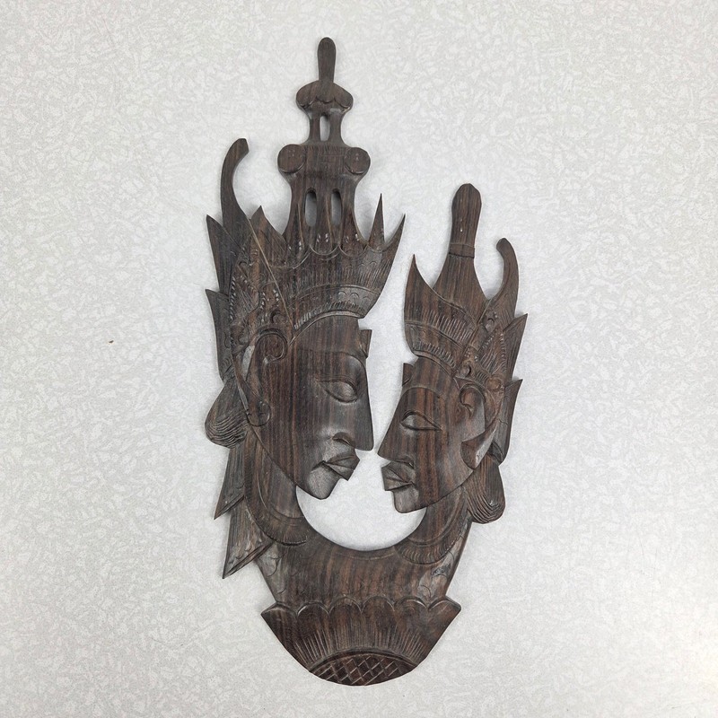 Vintage Balinese Wood Carving Wall Plaque Man Woman Profile Indonesian Art