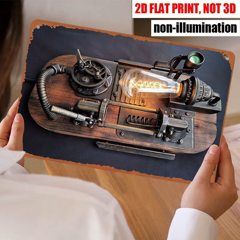 Steampunk Mechanical Lamp Metal Tin Sign Retro Industrial Wall Decor Loft Studio