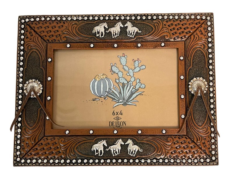 Standing Landscape Photo Picture Frame, 6 x 4 Inch Polyresin, Tooled Horses
