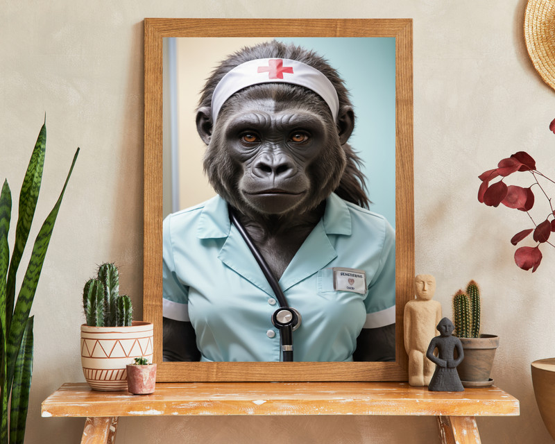 Nurse Gorilla Portrait, Animal Portrait, Realistic Animal Portrait, Wall Art