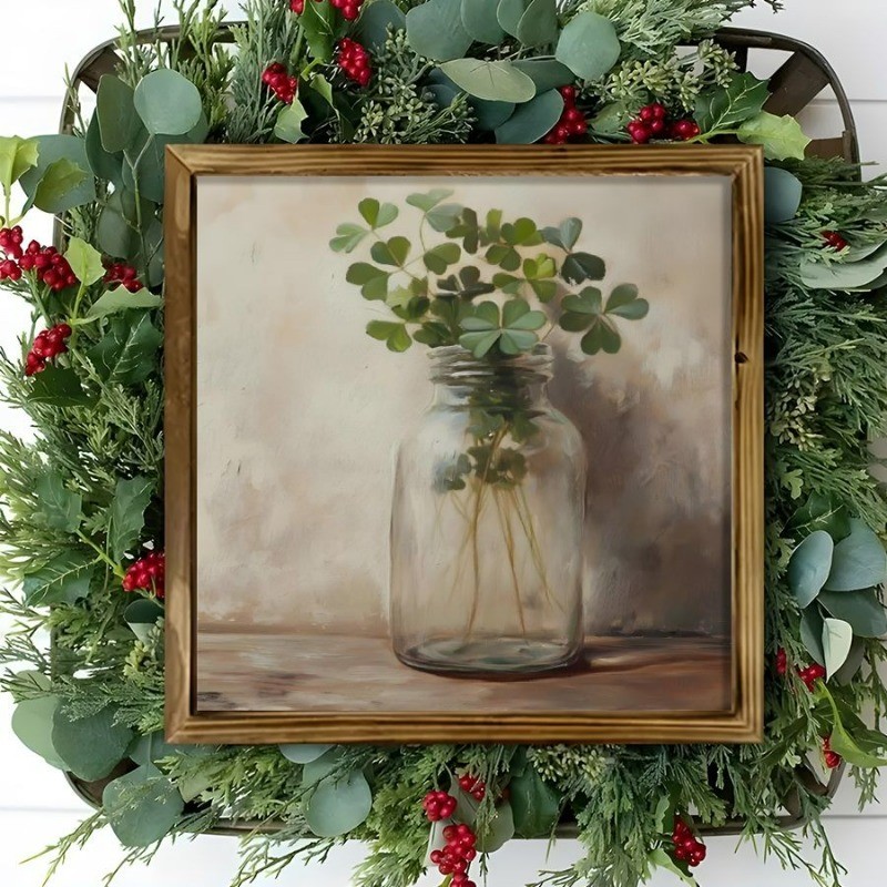 Vintage Wooden Plaque Clover Bouquet in Glass Jar for Irish Farmhouse Wall Art