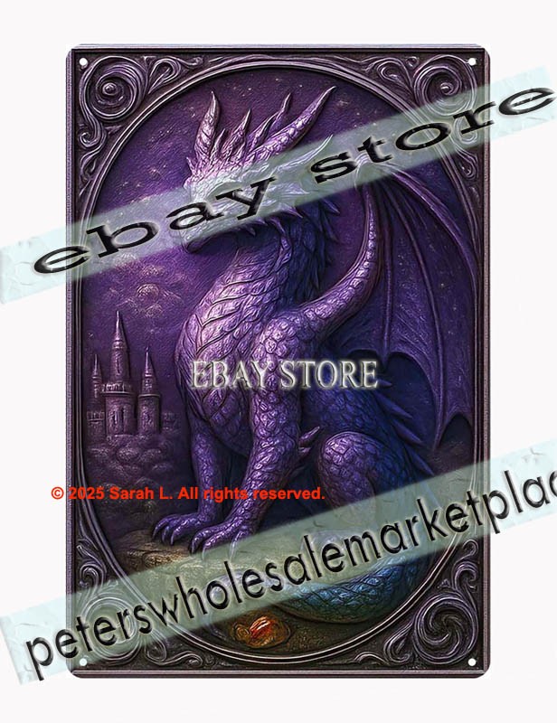 Purple Dragon Crest Tin Sign 3D Look Fantasy Art