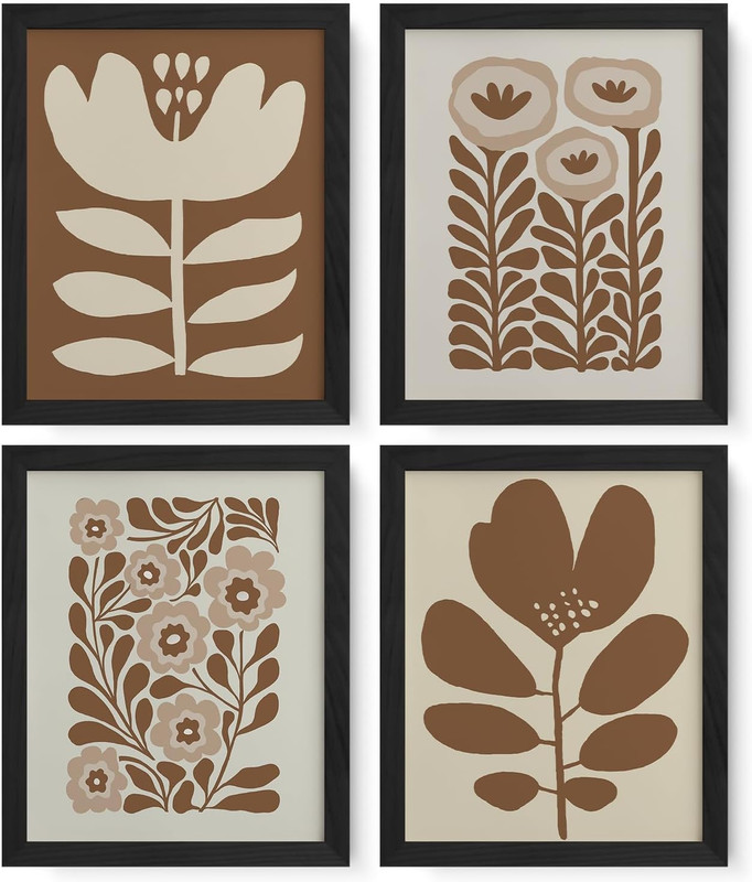Brown Boho Abstract Neutral Floral Posters Wall Art Prints Set of 4, Mid Century