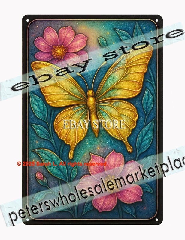 Yellow Butterfly Tin Sign 3D Look Floral Garden Art
