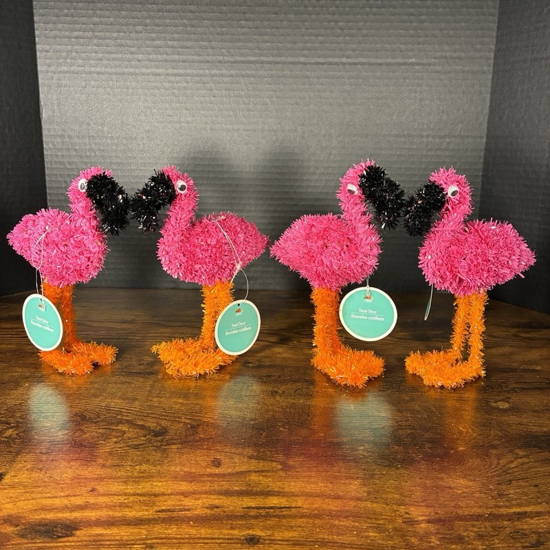 Lot Of 4 Pink Tinsel Flamingo Figurines, Summer 3D Tinsel Icons Decorations New