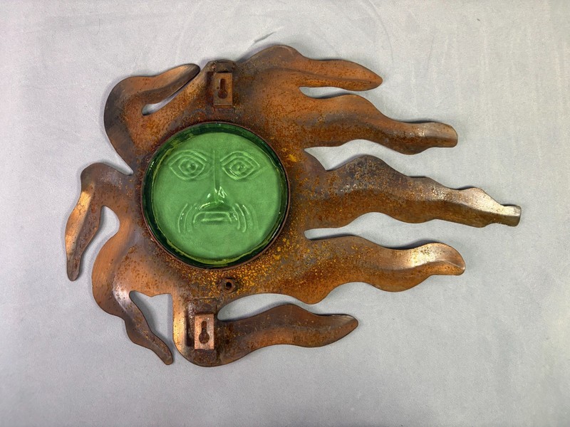 Rustic Steel Sun Wall Art with Green Embossed Glass Face 17x12 gallery