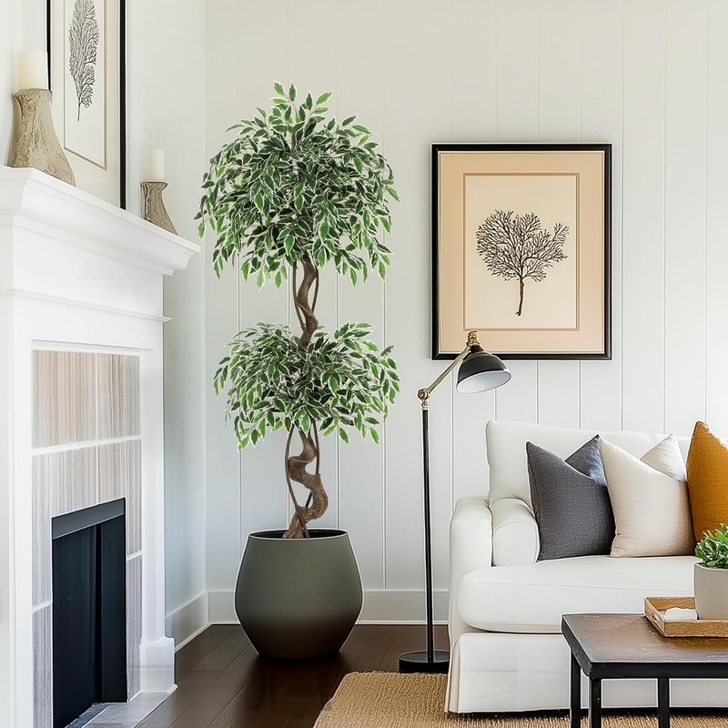 5ft Artificial Ficus Tree, Tall Fake Plants Indoor with White Planter & Pebbles gallery