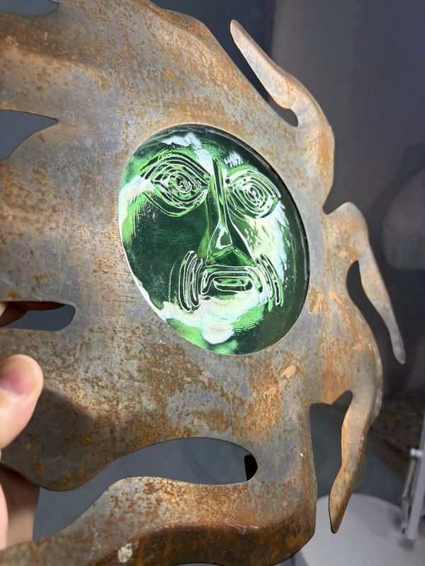 Rustic Steel Sun Wall Art with Green Embossed Glass Face 17x12 gallery