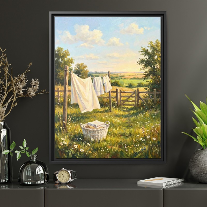 Countryside Laundry Clothesline Canvas Print, Sunny Summer Meadow Painting gallery