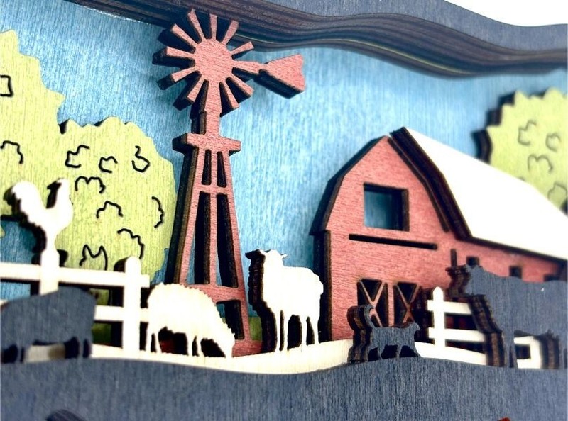 Country Farmhouse Decor Cow Farm Wood Wooden 3D Diorama Sculpture Figure New gallery