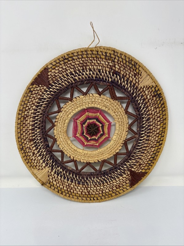 Vintage Woven Trivets Rattan Wicker Straw Colorful BoHo Wall Deco