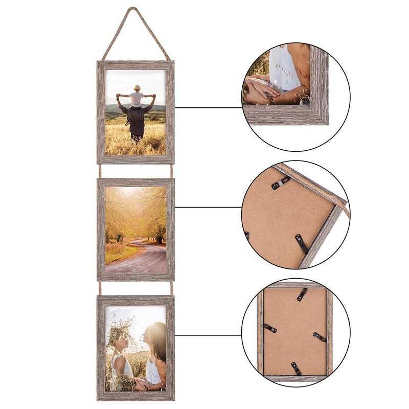 5x7 Collage Hanging Triple Picture Frames Set, Rustic 6 Opening Vertical Fram... gallery