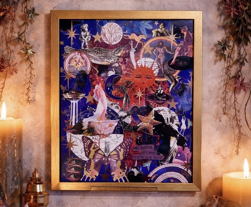 90s Celestial Sun Moon Whimsical Analog Collage 8×10 Gold Framed Art Print Decor