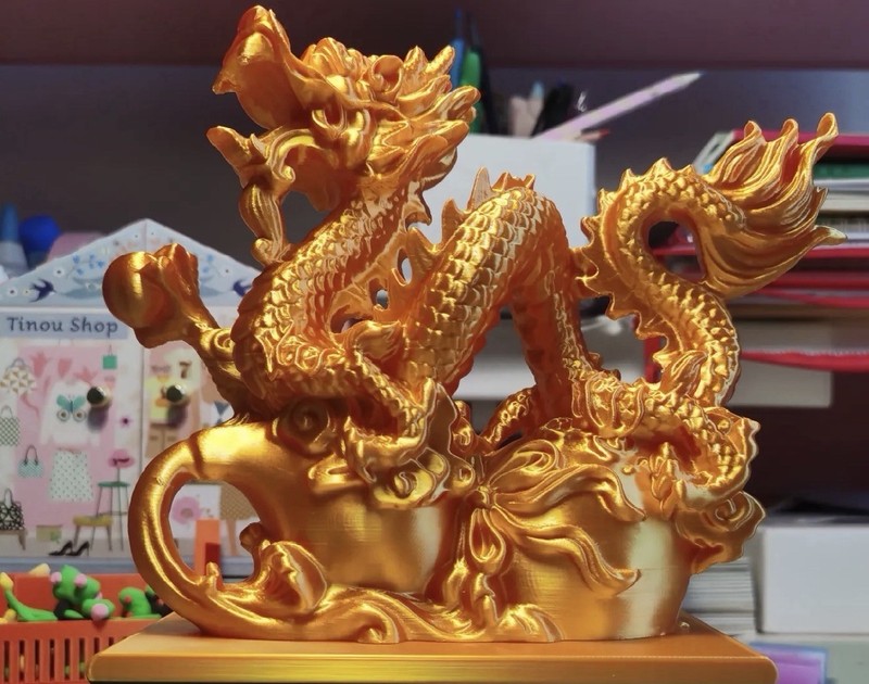 Gold Dragon Figurine Sculpture Asian Oriental Plastic Carvings Silk gold finish